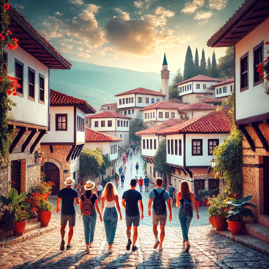 Is Albania Safe for Tourists? A photo of tourists enjoying a scenic spot in Albania (Berat or Gjirokastër). Sunny weather, relaxed atmosphere.
